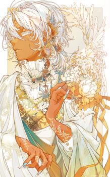 1boy absurdres brooch commentary dark-skinned_male dark_skin earrings feathered_wings fingernails flower frilled_shirt_collar frills highres jewelry long_fingernails maguru_white male_focus nail_polish original parted_lips ponytail sharp_fingernails short_ponytail solo upper_body white_hair wings