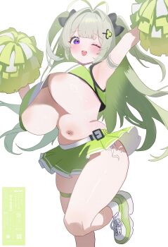 1girl absurdres antenna_hair arm_strap arm_up armpits black_bow blush bow breasts cheerleader crop_top goddess_of_victory:_nikke green_hair green_skirt hair_bow hair_intakes hair_ornament hand_up highres huge_breasts kotha_art long_hair looking_at_viewer one_eye_closed open_mouth pleated_skirt pom_pom_(cheerleading) purple_eyes shoes skirt sneakers soda_(nikke) solo standing standing_on_one_leg thigh_strap two_side_up underboob white_background