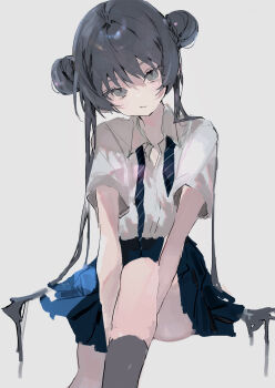 Rule 34 | 1girl, binetsu 3 bina, black hair, blue archive, blue skirt, closed mouth, commentary, double bun, grey eyes, grey halo, hair bun, halo, highres, kisaki (blue archive), knees up, long hair, looking at viewer, necktie, official alternate costume, pleated skirt, school uniform, shirt, short sleeves, simple background, sitting, sketch, skirt, solo, twintails, white background, white shirt