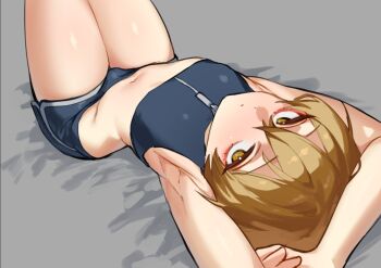 1boy androgynous armpits arms_up black_shorts black_tank_top blonde_hair brown_eyes commentary_request crop_top highres korean_commentary limbus_company looking_at_viewer lying male_focus navel on_back project_moon short_hair short_shorts shorts shos3gu sinclair_(project_moon) solo tank_top