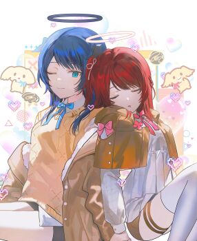 2girls absurdres alternate_costume aqua_eyes arknights black_halo black_horns black_shorts blue_hair blue_ribbon breasts cardigan commentary demon_horns dot_nose dress drooling exusiai_(arknights) exusiai_the_new_covenant_(arknights) hair_intakes hair_tie halo highres horns ifiedrop jacket long_sleeves looking_at_viewer medium_hair mostima_(arknights) multiple_girls neck_ribbon off_shoulder one_eye_closed one_side_up open_clothes open_jacket pastel_colors pink_ribbon red_hair ribbon short_shorts shorts shrug_(clothing) sleeping small_breasts smile symbol-only_commentary thighhighs traditional_halo white_background white_dress white_thighhighs yellow_cardigan yellow_shrug