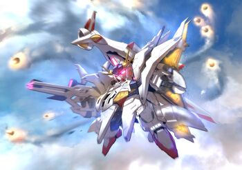 absurdres beam_rifle blue_sky chinese_commentary cloud cloudy_sky commentary_request day energy_gun firing flying glowing glowing_eyes gun gundam gundam_hathaway's_flash highres holding holding_gun holding_weapon itano_circus looking_ahead making-of_available mecha missiles mobile_suit motion_blur no_humans open_hand outdoors penelope_(hathaway's_flash) red_eyes robot science_fiction sd_gundam sky solo v-fin weapon zakuma