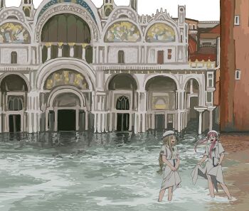 2girls :d alicia_florence aqua_eyes aria_(manga) aria_company_uniform beret blonde_hair blue_bow blue_bowtie bow bowtie braid braided_ponytail closed_eyes dress gold_trim hajime_(19_i) hat highres italian_commentary mizunashi_akari multiple_girls open_mouth outdoors parted_bangs pink_hair sailor_collar short_hair_with_long_locks short_sleeves side_slit skirt_hold smile standing wading water white_dress