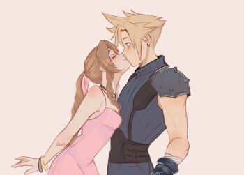 1boy 1girl aerith_gainsborough arm_behind_back armor artist_name bandaged_arm bandages bangle bare_shoulders belt black_choker blonde_hair blue_pants blue_shirt blush bracelet braid braided_ponytail breasts brown_belt choker closed_eyes cloud_strife commentary couple dress earrings english_commentary final_fantasy final_fantasy_vii gloves grey_background hair_between_eyes hair_ribbon hetero highres jewelry kiss looking_at_another medium_breasts pants parted_bangs pauldrons pink_dress pink_ribbon ribbon shirt short_hair shoulder_armor shoulder_blush sidelocks single_braid single_earring single_pauldron sleeveless sleeveless_dress sleeveless_turtleneck smile spaghetti_strap spiked_hair suspenders turtleneck upper_body vanekairi