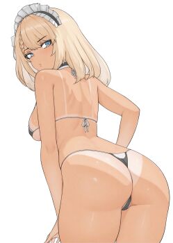 1girl ass back bare_arms bare_legs bare_shoulders bikini black_choker blonde_hair blue_eyes breasts cameltoe centaureissi_(girls'_frontline_2) choker commentary english_commentary from_behind g36_(girls'_frontline) gd146 girls'_frontline girls'_frontline_2:_exilium highres large_breasts leaning_forward maid maid_bikini maid_headdress parted_lips sideboob simple_background skindentation solo swimsuit tan tanline thong thong_bikini unconventional_maid white_background