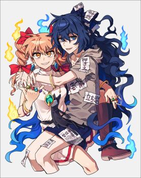 2girls bangle blue_bow blue_eyes blue_fire blue_hair blue_skirt boots bow bracelet breasts brown_boots cigarette commentary_request dress drill_hair fire grey_background grey_hoodie grin hair_bow highres holding holding_cigarette hood hoodie hug jewelry long_hair looking_at_viewer multiple_girls multiple_rings open_mouth orange_eyes orange_hair pendant re_ghotion ring short_sleeves siblings sisters sitting sitting_on_lap sitting_on_person skirt sleeveless sleeveless_dress small_breasts smile smoking stuffed_animal stuffed_cat stuffed_toy touhou twin_drills very_long_hair white_dress yorigami_jo'on yorigami_shion