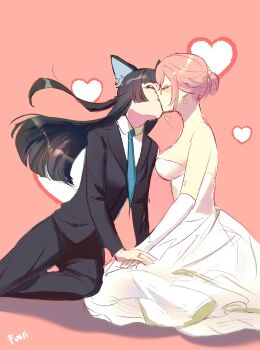 Rule 34 | 2girls, alternate costume, animal ears, black hair, black suit, black vs white, blue necktie, blunt bangs, bride, closed eyes, couple, dress, earrings, elbow gloves, female focus, formal clothes, fox ears, fox girl, fuori, glasses, gloves, groom, hair between eyes, hair bun, heart, highres, hoshimi miyabi, jewelry, kiss, long hair, multiple girls, necktie, pink hair, ring, sidelocks, simple background, suit, tsukishiro yanagi, wedding dress, wedding ring, white dress, white gloves, wife and wife, yuri, zenless zone zero