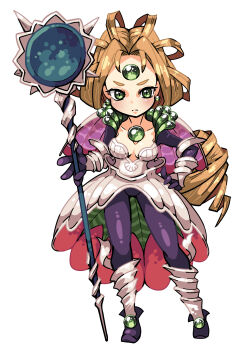 1girl absurdres black_gloves black_hair black_leggings black_pearl blackpearl blonde_hair breasts capelet chest_jewel cleavage commentary_request corset forehead_jewel frown gauntlets gloves green_eyes hammer highres holding holding_hammer legend_of_mana leggings light_blush long_hair looking_at_viewer medium_breasts purple_capelet seiken_densetsu shin_guards solo tenjin white_background white_corset
