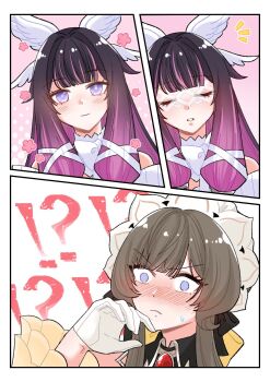 Rule 34 | !?, 2girls, bare shoulders, black collar, black hair, black sleeves, blue eyes, blush, bonnet, brown hair, closed eyes, closed mouth, collar, columbina (genshin impact), commentary request, detached collar, dress, eye mask, flower, gem, genshin impact, gloves, hair ornament, hair ribbon, head wings, headdress, highres, long hair, long sidelocks, long sleeves, mask, momotomi000, multicolored hair, multiple girls, multiple wings, open mouth, purple eyes, purple hair, purple streaks, red gem, ribbon, sandrone (genshin impact), see-through clothes, see-through mask, short hair, short hair with long locks, sidelocks, smile, streaked hair, sweatdrop, two-tone hair, unusually open eyes, white dress, white headdress, white mask, white wings, wing hair ornament, wings, x-shaped eyewear, yuri