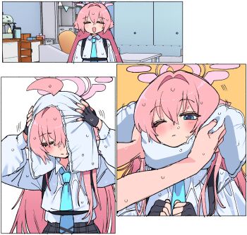 1boy 1girl ahoge aqua_necktie black_gloves black_skirt blue_archive blue_eyes checkered_clothes checkered_skirt chest_harness closed_eyes couch drying drying_hair eyelashes fingerless_gloves flat_chest gloves hair_between_eyes halo harness highres hoshino_(blue_archive) indoors je_o_mo light_blush long_hair long_sleeves looking_at_viewer necktie one_eye_closed open_mouth orange_background pink_hair pink_halo shirt sidelocks skirt smile table towel upper_body wet wet_clothes wet_hair white_background white_shirt