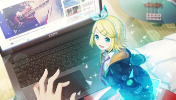 1girl 1other :d aqua_eyes black_jacket blonde_hair blurry blurry_background bow_hairband collared_shirt colorful_palette computer fake_video fingernails game_cg guitar hair_ornament hairband hairclip highres hologram instrument jacket kagamine_rin laptop leo/need_rin necktie official_art open_mouth pink_necktie project_sekai shirt smile stick_to_your_faith_(project_sekai) third-party_source tongue vocaloid white_shirt x_hair_ornament