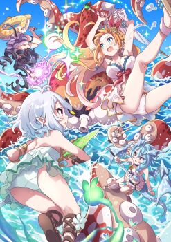 4girls absurdres animal_ears antenna_hair arm_tattoo armlet arms_up ass asymmetrical_hair babydoll bead_bracelet beads bikini black_hair blue_eyes blue_hair blue_sky blue_wings bow bracelet braid braided_ponytail breasts brown_sandals casual_one-piece_swimsuit cat_ears cat_girl cat_tail commentary_request crystal_horns crystal_wings dragon_girl dragon_horns dragon_tail dragon_wings drooling elf fighting_in_air flower frilled_bikini frilled_one-piece_swimsuit frills from_behind from_below front-tie_bikini_top front-tie_top green_one-piece_swimsuit hair_flower hair_ornament hair_over_shoulder highres holding holding_sword holding_umbrella holding_weapon horns ice ice_wings innertube_with_ears jewelry karyl_(princess_connect!) karyl_(summer)_(princess_connect!) kokkoro_(princess_connect!) kokkoro_(summer)_(princess_connect!) large_breasts long_hair low_twintails magic multiple_girls ocean octopus one-piece_swimsuit open_mouth orange_hair pecorine_(princess_connect!) pecorine_(summer)_(princess_connect!) pointy_ears princess_connect! purple_eyes red_bow revision rose sandals sheffy_(princess_connect!) sheffy_(summer)_(princess_connect!) shoe_soles side_braid single_braid sky small_breasts swim_ring swimsuit swimsuit_skirt sword tail tattoo thigh_strap tsukachii twintails umbrella upside-down very_long_hair water weapon white_bikini white_hair wings yellow_flower yellow_rose