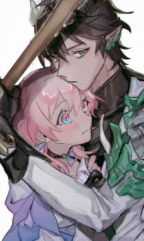 1boy 1girl black_hair blush choker commentary dan_heng_(honkai:_star_rail) dan_heng_(permansor_terrae)_(honkai:_star_rail) dragon_boy dragon_horns eyeliner green_eyes highres honkai:_star_rail honkai_(series) horns hug j13 jacket long_sleeves makeup march_7th_(honkai:_star_rail) march_7th_(preservation)_(honkai:_star_rail) multicolored_eyes off_shoulder pink_hair pointy_ears red_eyeliner shirt turtleneck two-tone_eyes