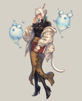 1girl absurdres alternate_costume animal_ears archon_mark bespectacled black_shoes black_sweater book brown_skirt buttons cable_knit cat_ears cat_girl cat_tail feather_hair_ornament feathers final_fantasy final_fantasy_xiv full_body glasses grey_background grey_eyes hair_ornament high_heels highres holding holding_book jewelry knees_together_feet_apart long_skirt looking_at_viewer makimura_shunsuke miqo'te nixie_(ff14) off_shoulder pendant red-framed_eyewear shoes short_hair simple_background skirt solo standing sweater tail turtleneck turtleneck_sweater white_hair y'shtola_rhul
