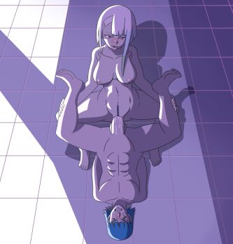 1boy 1girl :p abs amazon_position breasts camper34 clenched_teeth completely_nude cyberpunk:_edgerunners cyberpunk_(series) femdom from_above full_body girl_on_top hetero highres holding_legs katsuo_tanaka legs_up licking_lips looking_at_viewer lucy_(cyberpunk) medium_breasts multicolored_hair netflix netorare nipples nude penis purple_theme pussy pussy_juice second-party_source sex tagme teeth tongue tongue_out vaginal