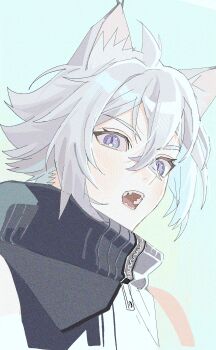 1boy absurdres animal_ear_fluff animal_ears black_shirt blue_eyes double-parted_bangs eyelashes hair_between_eyes highres male_focus open_mouth pd_honey portrait seth_lowell shirt simple_background sleeveless sleeveless_shirt solo teeth tongue white_hair zenless_zone_zero zipper zipper_pull_tab