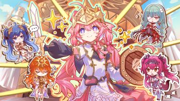 5girls ancient_greek_clothes armor augusta_(wuthering_waves) bandage_over_one_eye black_collar blue_hair blush bow breasts closed_eyes closed_mouth collar commentary_request csyday dress earrings encore_(wuthering_waves) flower greco-roman_clothes grey_hair hair_bow hair_ornament hand_up highres holding holding_sword holding_weapon iuno_(wuthering_waves) jewelry long_hair lupa_(wuthering_waves) multiple_girls official_art open_mouth orange_hair phrolova_(wuthering_waves) pink_bow pink_hair pink_pupils red_dress red_hair shield smile sun_earrings sword weapon wuthering_waves