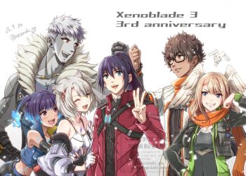 3boys 3girls afro animal_ear_fluff animal_ears anniversary black-framed_eyewear black_bodysuit black_jacket blue_eyes blue_hair bodysuit breasts brown_eyes brown_hair cat_ears cat_girl colored_skin commentary_request copyright_name dark-skinned_male dark_skin dated eunie_(xenoblade) fiery_hair grey_skin head_wings high_ponytail hug hug_from_behind jacket lanz_(xenoblade) large_breasts long_hair looking_at_another mio_(xenoblade) multiple_boys multiple_girls noah_(xenoblade) one_eye_closed open_clothes open_jacket open_mouth origami ponytail red_hair red_jacket sena_(xenoblade) short_hair side_ponytail smile standing taion_(xenoblade) uzumaki_(skydirt) w watermark white_background white_hair wings xenoblade_chronicles_(series) xenoblade_chronicles_3