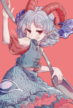 1girl bare_shoulders blue_ribbon blue_shirt blue_skirt commentary_request cowboy_shot curly_hair goat_horns green_eyes grey_hair heart highres holding holding_spoon horizontal_pupils horn_ornament horn_ribbon horns looking_at_viewer masanaga_(tsukasa) meandros midriff_peek navel oversized_object pointy_ears red_background red_eyes ribbon sharp_teeth shirt short_hair simple_background skirt sleeveless sleeveless_shirt solo spoon teeth touhou toutetsu_yuuma