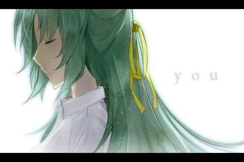 1girl closed_eyes closed_mouth collared_shirt english_text green_hair hair_ribbon higurashi_no_naku_koro_ni i_0r_i letterboxed long_hair messy_hair portrait profile ribbon school_uniform shaded_face shirt sonozaki_shion static very_long_hair white_background white_shirt yellow_ribbon