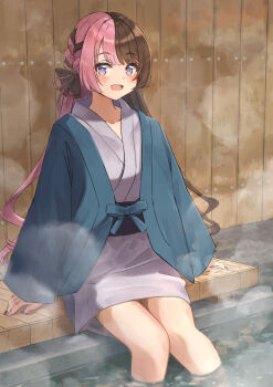 Rule 34 | 1girl, alternate costume, blue eyes, blue haori, bow, braid, brown hair, collarbone, hair bow, hair ribbon, haori, highres, iris black games, japanese clothes, kimono, long hair, multicolored hair, multicolored nails, onsen, open mouth, parted bangs, partially submerged, pink hair, ribbon, sitting, solo, split-color hair, steam, tachibana hinano, teeth, two-tone hair, upper teeth only, virtual youtuber, vspo!, wooden wall, yoto 4102, yukata