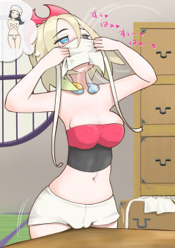 1girl akari_(pokemon) blonde_hair blue_eyes breasts cameltoe chest_of_drawers cleavage covering_breasts covering_privates crotch_rub female_pervert fundoshi groin head_tilt headscarf highres imagining implied_yuri indoors irida_(pokemon) japanese_clothes masturbation medium_breasts medium_hair microsd_(pibo) navel nintendo pervert pokemon pokemon_legends:_arceus shorts smelling smelling_clothes smile solo strapless table table_humping tatami topless_female translation_request tube_top white_headscarf yuri