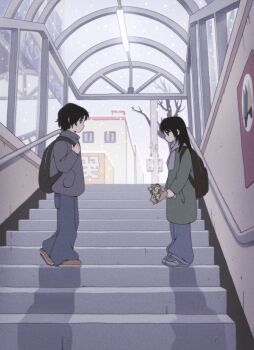 Rule 34 | 1boy, 1girl, backpack, bag, baggy pants, bare tree, black hair, blue pants, bouquet, brown shoes, building, commentary request, flower, grey jacket, grey scarf, grey shoes, highres, icecream juba, jacket, korean commentary, no mouth, original, pants, profile, scarf, shadow, shoes, snow, stairs, tree, tulip, utility pole, winter, yellow flower, yellow tulip