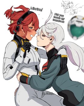 2girls absurdres arm_around_neck asticassia_school_uniform black_hairband blue_eyes blush commentary green_jacket grey_eyes gundam gundam_suisei_no_majo hair_up hairband hands_on_another's_waist highres jacket long_hair looking_at_another mecha_pilot_suit miorine_rembran multiple_girls normal_suit_(gundam) open_mouth red_hair school_uniform suletta_mercury sweat thick_eyebrows twitter_username white_hair yuri zanqi