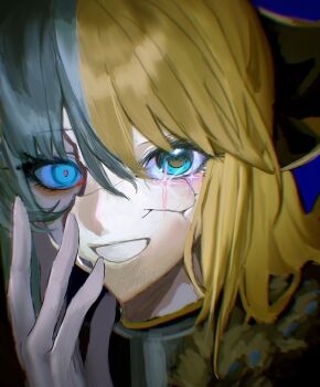 Rule 34 | 1girl, aesc (fate), blonde hair, blue eyes, blue hair, bow, commentary, cracked kawaii mask, cracked mask, fate/grand order, fate (series), grin, hair bow, hand up, highres, long hair, looking at viewer, morgan le fay (fate), smile, solo, split theme, star (symbol), upper body, woodsheep59366