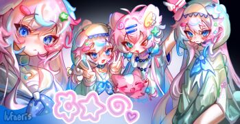 4girls animal_costume bead_necklace beads blue_choker blue_eyes blue_neckerchief choker closed_mouth cloud_(lufaeris) commentary double-parted_bangs double_v english_commentary green_shirt hair_between_eyes hair_ornament hairclip highres hood hood_up jewelry long_hair looking_at_viewer multicolored_hair multiple_girls neckerchief necklace one_eye_closed onesie open_mouth original parallel_hairclips pink_hair shirt smile star_(symbol) star_hair_ornament streaked_hair v