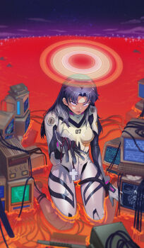 computer cross cross_necklace evil_smile halo highres jewelry katsuragi_misato lcl mecha_pilot_suit monitor necklace neon_genesis_evangelion plugsuit_(evangelion) purple_eyes purple_hair rebuild_of_evangelion red_ocean smile