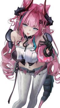 Rule 34 | 1girl, 462vvv, absurdres, aqua hair, aqua streaks, arknights, arknights: endfield, bare shoulders, belt, black belt, black gloves, blue eyes, breasts, commentary request, crop top, detached sleeves, dragon girl, dragon horns, drill hair, feet out of frame, gloves, hair on horn, hand up, highres, horns, huge breasts, long hair, long sleeves, looking at viewer, midriff, multicolored hair, navel, pants, pink hair, pink sleeves, sidelocks, simple background, solo, split-color clothes, streaked hair, symbol-shaped pupils, tongue, tongue out, twin drills, twintails, two-tone hair, unzipped, very long hair, white background, white pants, yvonne (arknights)