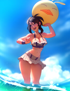 1girl ball bare_shoulders beach beachball bikini bikini_skirt black_hair blue_sky breasts chocobo cleavage cloud cloudy_sky feet_out_of_frame final_fantasy final_fantasy_vii final_fantasy_vii_rebirth final_fantasy_vii_remake flower hair_flower hair_ornament hair_up halterneck highleg highleg_bikini highres holding holding_ball holding_beachball large_breasts long_hair looking_to_the_side miniskirt navel ocean official_alternate_costume official_alternate_hairstyle open_mouth outdoors partially_submerged pleated_skirt skirt sky solo standing stomach swimsuit thighs tifa_lockhart tifa_lockhart_(shining_spirit) tsuaii white_bikini wristband