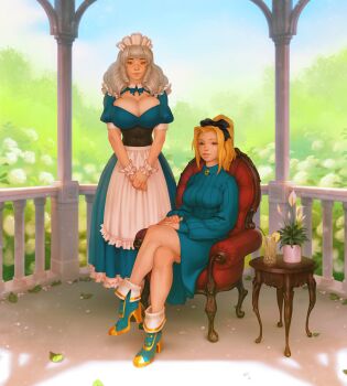 2girls absurdres apron armchair blonde_hair blue_boots blue_shirt blue_sky boots breasts brooch chair cleavage collared_shirt commission commissioner_upload corset crossed_legs frilled_apron frills full_body grey_hair hair_intakes hair_ribbon high_heel_boots high_heels highres jewelry large_breasts lips maid maid_apron maid_headdress multiple_girls original ponytail puffy_short_sleeves puffy_sleeves ribbon shirt short_sleeves sitting sky smile standing white_apron wrist_cuffs xoi