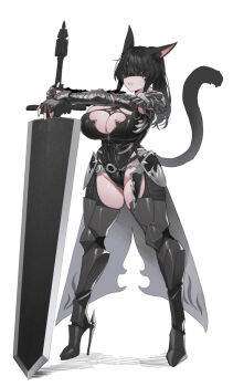 1girl animal_ears armor black_footwear black_hair black_leotard blindfold breasts brown_gloves cat_ears cat_tail cleavage facial_mark final_fantasy final_fantasy_xiv full_body gloves greatsword greaves groin high_heels highres huge_breasts huge_weapon leaning_on_weapon leotard medium_hair mimyo miqo&#039;te open_mouth partially_fingerless_gloves ponytail shadow simple_background skin_tight skindentation solo stiletto_heels sword tail vambraces warrior_of_light_(ff14) weapon white_background