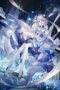 1girl :d bare_shoulders blue_eyes blue_flower blue_hair detached_sleeves dress flower full_body hair_flower hair_ornament high_heels highres horns looking_at_viewer multicolored_hair musical_note night night_sky open_mouth pantyhose short_hair sky smile star_(sky) white_dress white_hair white_pantyhose wings yoggi_(stretchmen)