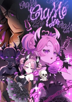 1boy 1girl ahoge black_choker black_dress black_pantyhose breasts bubi_(ironmouse) choker cleavage cup demon_girl demon_horns demon_wings dress earrings fang heart heart_ahoge heart_earrings highres holding holding_cup horns ironmouse jewelry large_breasts long_hair looking_at_viewer multicolored_hair nekoyanagi_reo pantyhose pink_hair ponytail purple_eyes purple_hair skin_fang streaked_hair teacup virtual_youtuber vshojo wings