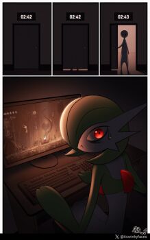 1girl 1other :&lt; artist_name back backlighting bags_under_eyes bob_cut border caught closed_mouth colored_skin comic computer_keyboard dark door gardevoir gen_3_pokemon green_hair green_skin hair_over_one_eye highres hollow_knight hollow_knight:_silksong hornet_(hollow_knight) indoors looking_at_viewer looking_back monitor multicolored_skin multiple_views nintendo one_eye_covered playing_games pokemon pokemon_(creature) red_eyes short_hair sweat timestamp twitter_username twitter_x_logo two-tone_skin watermark white_border white_skin wide-eyed winkyfaces