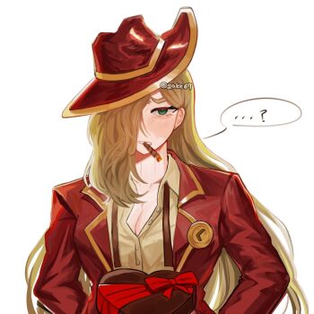 Rule 34 | ...?, 1girl, badge, blonde hair, blush, bow, box, breasts, buttons, cigar, cleavage, collared shirt, commentary, cowboy hat, english commentary, gake67, gold trim, green eyes, hair over one eye, hashtag-only commentary, hat, heart-shaped box, highres, jacket, limbus company, long hair, long sleeves, medium breasts, one eye covered, open clothes, open collar, open jacket, project moon, red bow, red hat, red jacket, shirt, simple background, solo, speech bubble, suit jacket, twitter username, upper body, valencina (project moon), wavy hair, white background