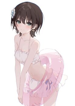 1girl absurdres aoi_erika aqua_eyes bikini black_hair blush closed_mouth collarbone commentary cowboy_shot earrings eyes_visible_through_hair flower flower_on_head frilled_bikini frills hair_between_eyes hair_flower hair_ornament heaven_burns_red highres innertube jewelry leaning_forward looking_at_viewer nujii short_hair simple_background smile solo split_mouth swim_ring swimsuit v_arms white_background white_bikini white_flower