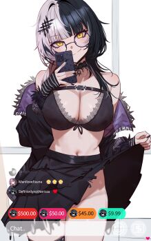 1girl absurdres bare_shoulders black_bra black_choker black_gloves black_hair black_nails black_skirt bra breasts cellphone choker cleavage clothes_lift commentary doujenrad emoji english_commentary english_text fur_trim glasses gloves grey_hair hair_ornament highres holding holding_phone hololive hololive_english large_breasts lifting_own_clothes livestream looking_at_viewer multicolored_hair navel no_panties phone pleated_skirt removing_jacket selfie shiori_novella skirt skirt_lift smartphone smile solo split-color_hair striped_clothes striped_gloves super_chat two-tone_hair underwear user_interface virtual_youtuber white_background yellow_eyes