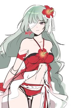 1girl absurdres aete alternate_costume bandage_over_one_eye bare_arms bare_shoulders bikini braid breasts bright_pupils closed_mouth contrapposto corsage cowboy_shot flower green_hair grey_eyes hair_flower hair_ornament halterneck hibiscus highres light_smile long_hair looking_at_viewer low-braided_long_hair low-tied_long_hair low_twin_braids low_twintails medium_breasts one_eye_covered phrolova_(wuthering_waves) red_bikini red_flower simple_background sketch solo standing swimsuit thigh_gap twin_braids twintails unfinished very_long_hair white_background white_pupils wuthering_waves