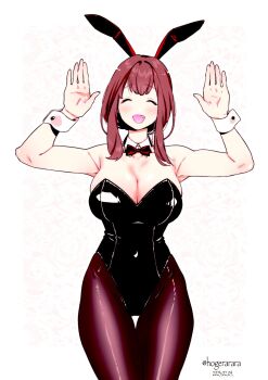 1girl animal_ear_hairband animal_ears artist_name bare_shoulders black_leotard bow bowtie breasts brown_hair brown_pantyhose cleavage closed_mouth commentary_request covered_navel cowboy_shot dated detached_sleeves facing_viewer fake_animal_ears fang hairband hands_up highres hogerarara kotobuki_mayuki large_breasts leotard open_mouth pantyhose rabbit_ear_hairband rabbit_ears rabbit_pose red_bow red_bowtie seitokai_ni_mo_ana_wa_aru! sidelocks smile solo strapless strapless_leotard twitter_username white_background white_wrist_cuffs wrist_cuffs