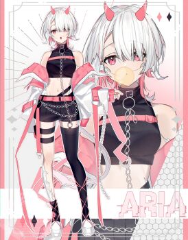 1girl asymmetrical_legwear au_ra bare_shoulders black_collar black_shirt black_shorts black_socks black_thighhighs blowing_bubble_gum breasts chain chewing_gum collar crop_top dragon_girl dragon_horns dragon_tail final_fantasy final_fantasy_xiv highres horns jacket jacket_partially_removed looking_at_viewer midriff motsuni_(lxxe1120) navel platform_shoes red_eyes scales shirt shorts single_thighhigh sleeveless sleeveless_shirt socks solo standing tail thighhighs warrior_of_light_(ff14) white_hair white_jacket zoom_layer