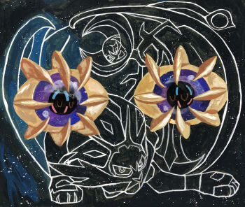 absurdres commentary_request cosmoem evolutionary_line gen_7_pokemon highres legendary_pokemon lunala murakami801 nintendo no_humans painting_(medium) pokemon pokemon_(creature) pokemon_focus solgaleo space star_(symbol) traditional_media