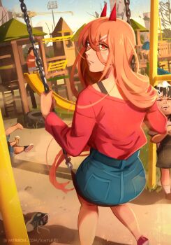 1boy 4girls aged_down artist_name ass back bare_shoulders barefoot black_dress black_footwear black_hair black_shirt blue_shorts blue_skirt blue_sky blush brown_footwear brown_hair chainsaw_man child closed_mouth commentary crying demon_girl demon_horns dress english_commentary faceless food from_behind gradient_sky grey_shirt grey_shorts hair_between_eyes hair_ornament hairpin hands_up higashiyama_kobeni highres holding holding_food holding_ice_cream horns ice_cream khyle. legs_up long_hair long_sleeves looking_at_viewer looking_back lying mole mole_on_cheek multiple_girls multiple_moles off-shoulder_shirt off_shoulder on_side on_swing open_mouth orange_hair outdoors own_hands_together pinafore_dress pink_shirt playground pocket power_(chainsaw_man) red_eyes red_footwear red_shirt shadow shirt shoes short_hair short_sleeves shorts sitting skirt sky sleeveless sleeveless_dress slide sneakers socks swing t-shirt tears teeth tree v-shaped_eyebrows wheel white_sky white_socks