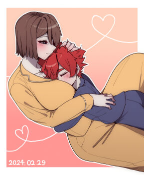 1boy 1girl 7a_(se7ena) age_difference assertive_female bad_tag between_breasts blue_eyes blue_pajamas blue_pants blue_shirt blush border breasts brown_hair closed_eyes closed_mouth commentary_request cuddling cuddly curvy dated face_to_breasts half-closed_eyes hand_on_another's_back hand_on_another's_head happy happy_sex head_between_breasts heart hetero highres hug huge_breasts incest long_sleeves looking_at_another mature_female mother_and_son onee-shota original outside_border pajamas pants pink_background red_hair shirt short_hair size_difference smile tall_female taller_female white_border yellow_pajamas yellow_pants yellow_shirt