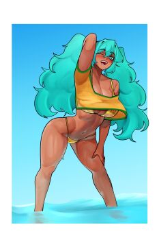 Rule 34 | 1girl, aqua eyes, aqua hair, arm behind head, bikini, blush, brazilian miku, breasts, brothbowl, cleavage, cropped shirt, dark-skinned female, dark skin, eyebrows hidden by hair, from below, hair between eyes, hand on own thigh, hatsune miku, highres, in water, large breasts, leaning forward, lips, long hair, looking at viewer, looking down, navel, ocean, one eye closed, open mouth, shirt, smile, solo, stomach, swimsuit, tan, tanline, teeth, twintails, vocaloid, yellow bikini, yellow shirt