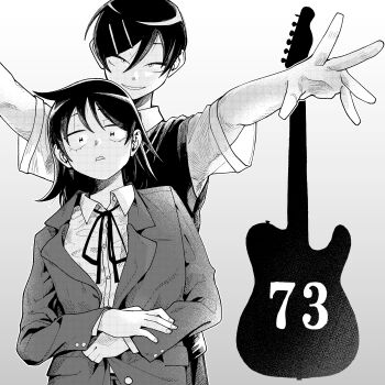 2girls absurdres behind_another blazer collared_shirt commentary_request dress_shirt electric_guitar futsuu_no_keion-bu gradient_background greyscale guitar hair_ornament hairpin hatono_chihiro height_difference highres instrument jacket kouyama_rin lapels long_sleeves looking_at_viewer mangakashibou medium_hair monochrome multiple_girls neck_ribbon notched_lapels outstretched_arms pixie_cut ribbon shirt short_hair short_sleeves smile sweater_vest upper_body