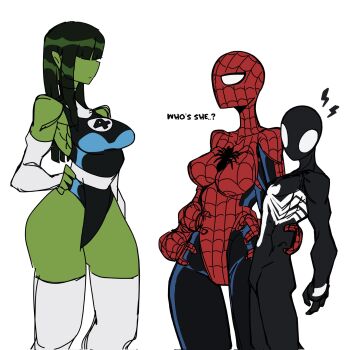 1boy 2girls colored_skin english_text fantastic_four green_hair green_skin highres jennifer_walters marvel multiple_girls she-hulk simple_background spider-man spider-man_(series) symbiote t1tans90 tagme talking thighhighs torso_grab venom_(marvel) white_background white_thighhighs